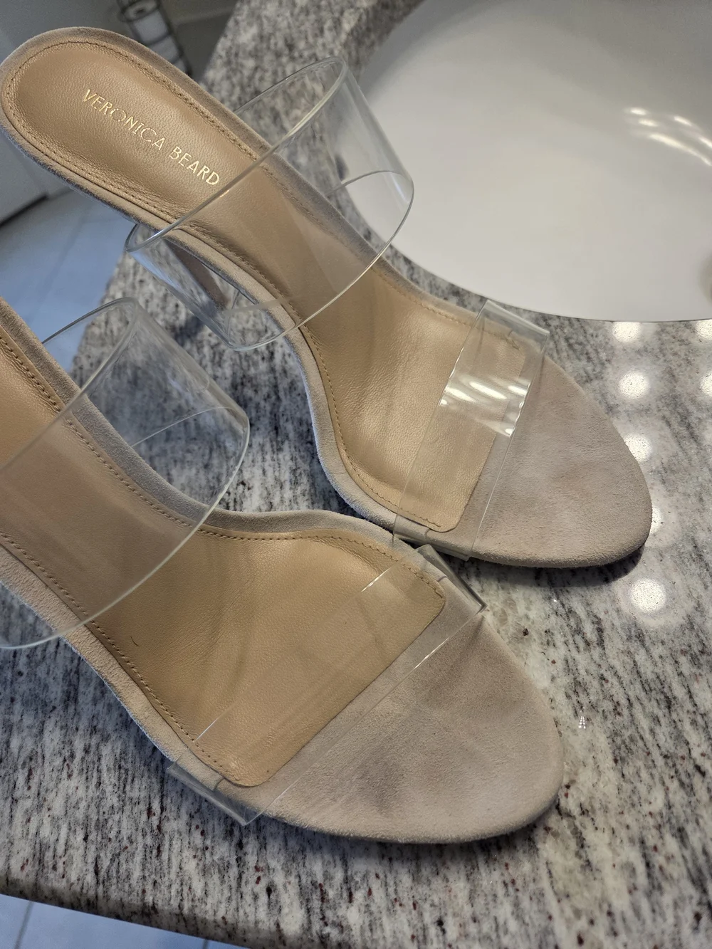 Veronica Beard Clear Strap Beige Suede Heel Sandals